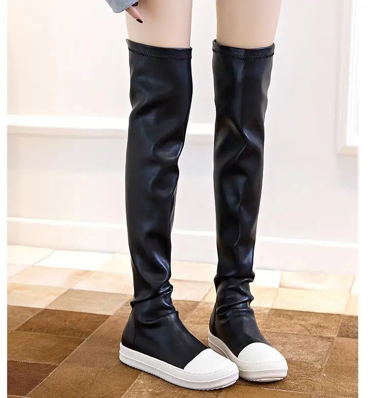 New Women Shoes Over Knee High Boots Luxury Trainers Winter Casual Brand Snow Spring Flats Shoes Black Big Size Mid-calf Boots