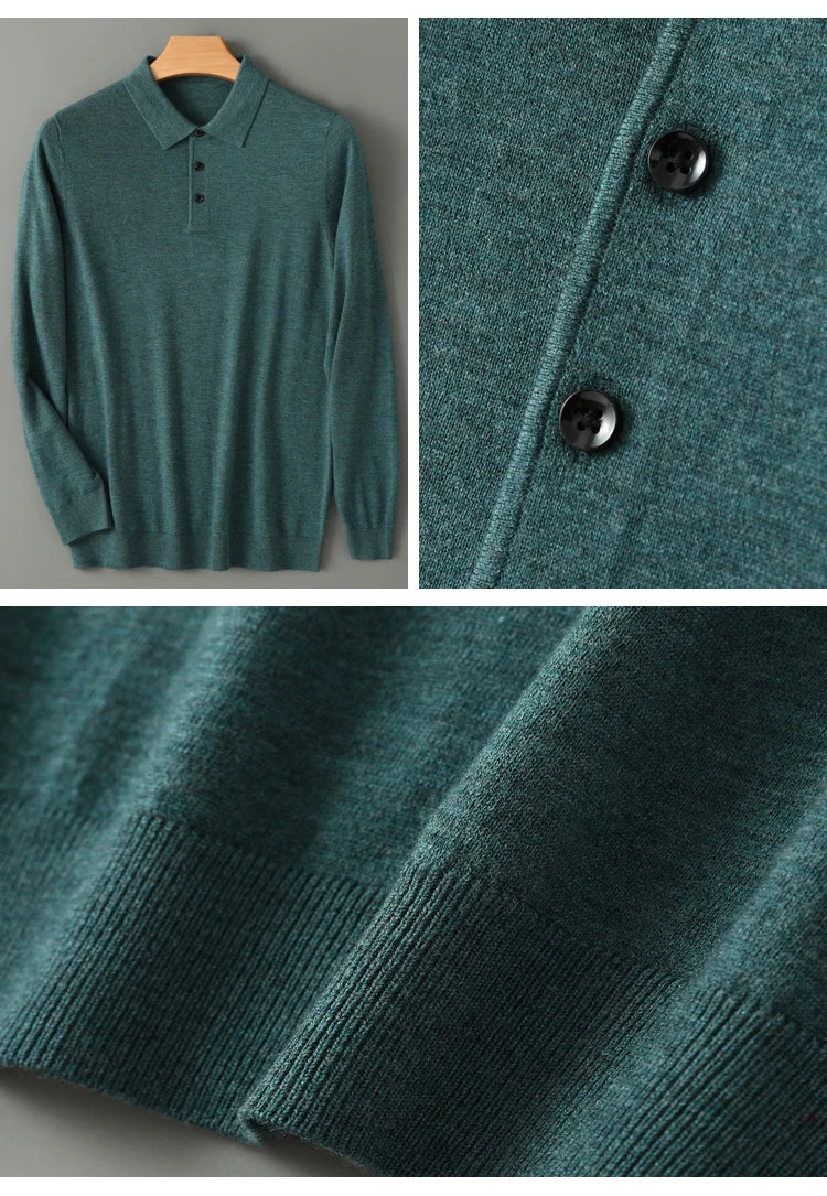 Men's Worsted Wool Kknit Pullover, Business Casual Polo Neck Sweater, Monochromatic Loose Top, Autumn and Winter Fashion, New