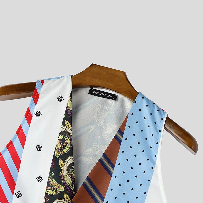 INCERUN Men's Vests Tie Printing V Neck Sleeveless Vintage Casual Male Waistcoats Streetwear Fashion Men Clothes Vests For Man