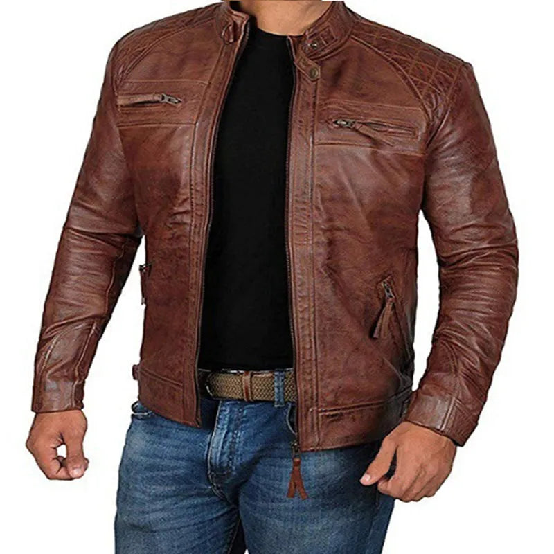 2024 New Spring and Autumn Men's Fashion Handsome Leather Coat Stand Collar Punk Motorcycle Leather Jacket  Faux Leather