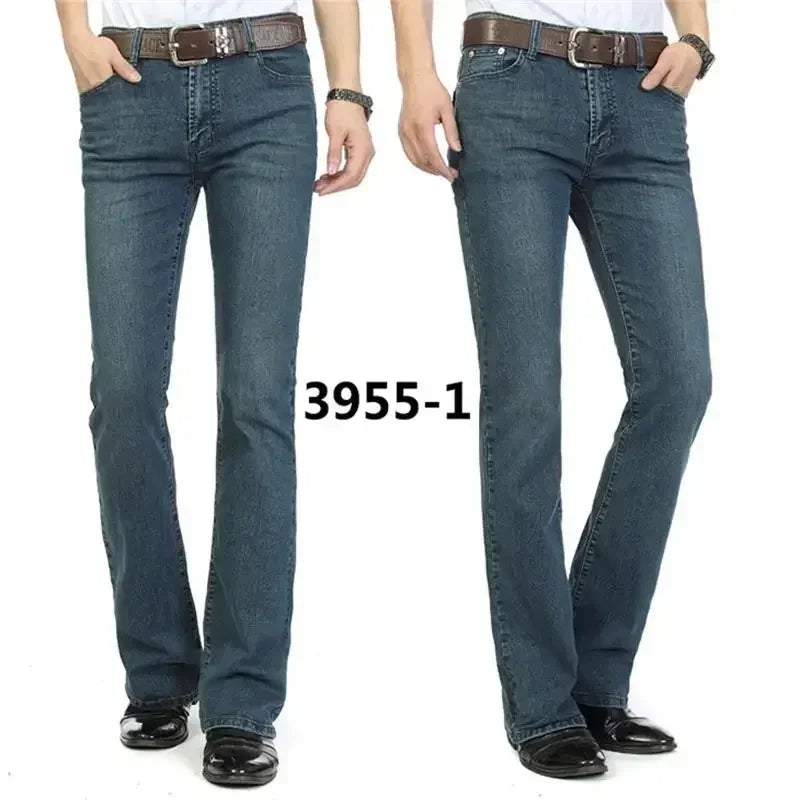 Male Bell Bottom Denim Trousers Slim Black Boot Cut Jeans Men's Clothing Casual Business Flares Pants