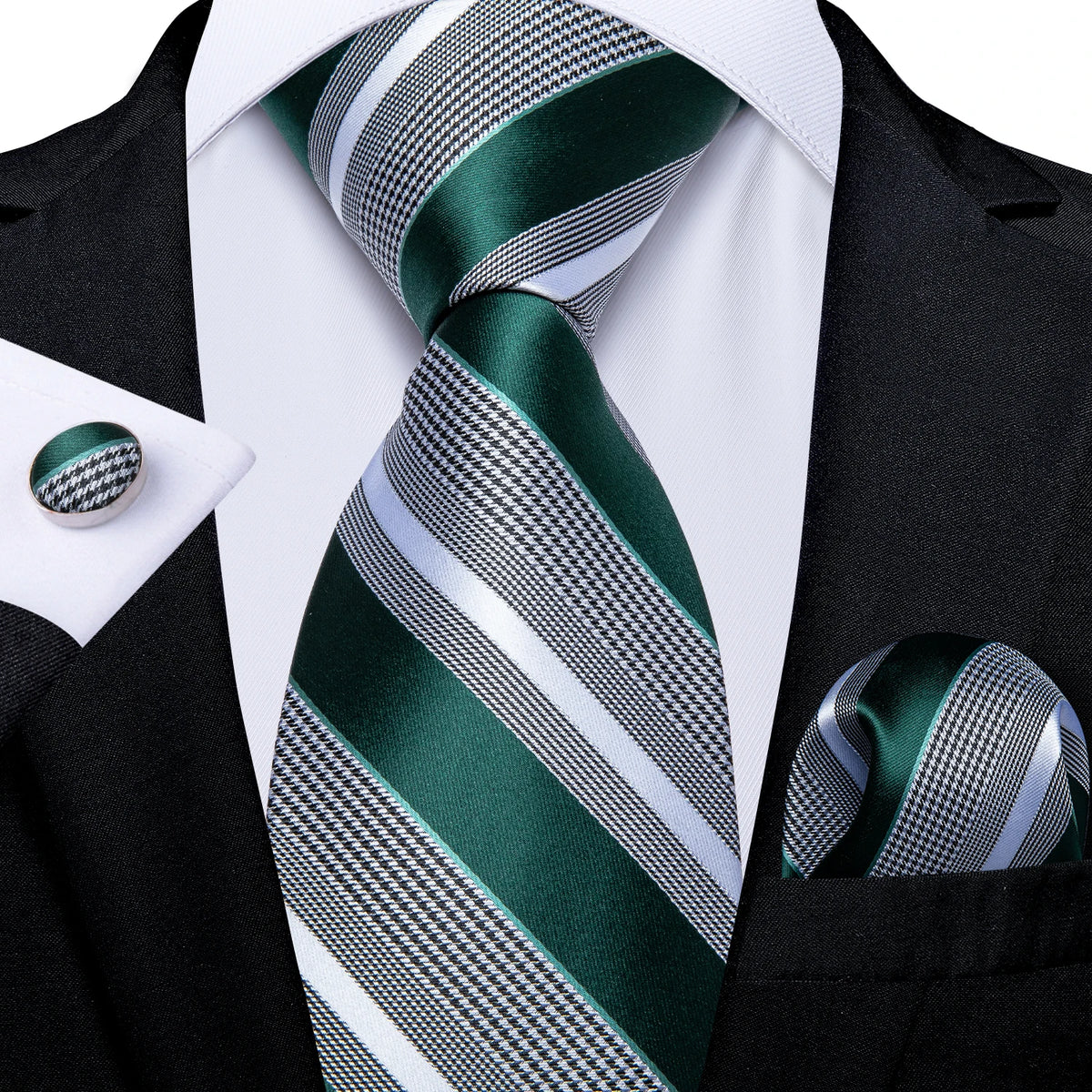 8cm Men's Polyester Ties Pocket Square Cufflinks Green Gold Paisley Wedding Party Accessories Necktie Gift
