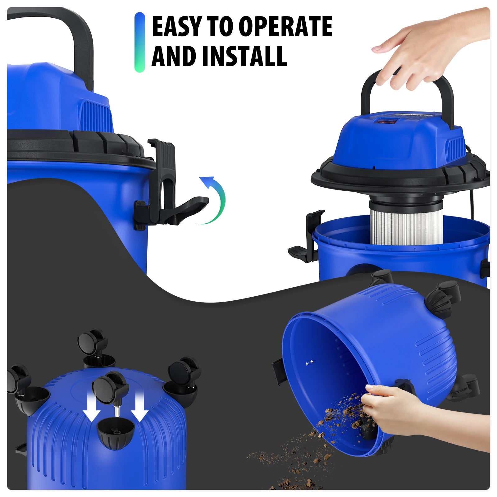 BRIEFNESS 3-in-1 Wet/dry Vacuum Cleaner Industrial Barrel Vacuum Cleaner W/Blowing Function Multi-Function Bagless 16KPA 15L
