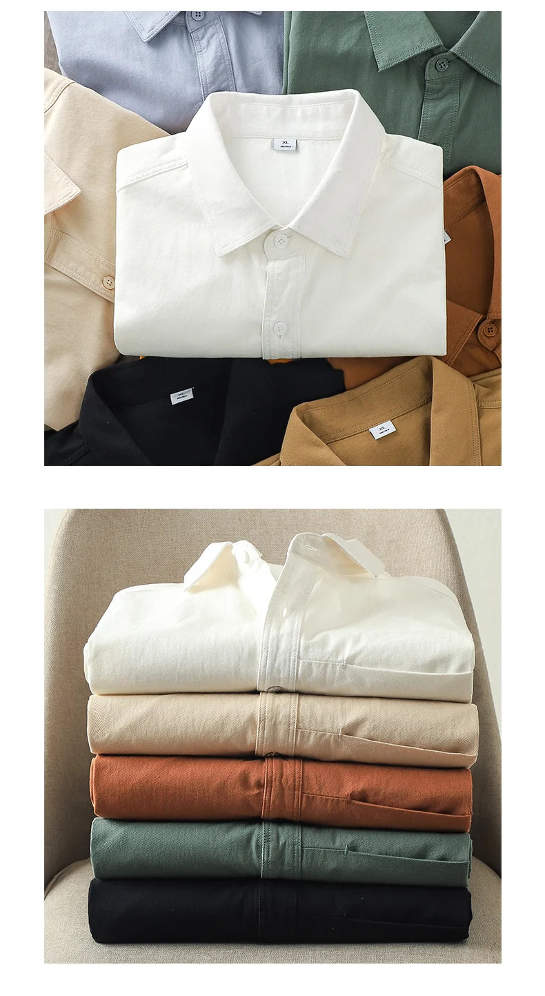 Dukeen Heavyweight Short-Sleeved Shirt Men's Summer Solid Color Lapel Pocket Casual Shirt Cotton White Shirts
