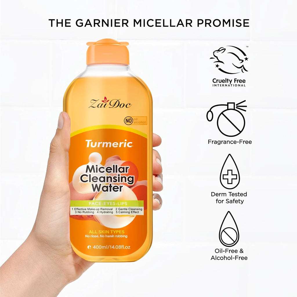 ZaiDoc Turmeric/Cherry Blossom Micellar Cleansing Water Makeup Remover No Rinse No Rubbing All Skin Types Face Eyes Lips 400ml Each