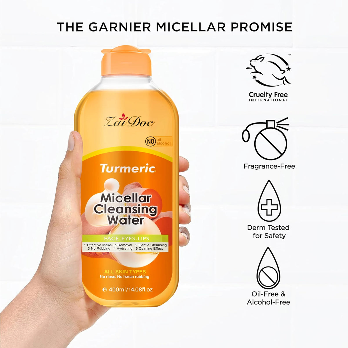 ZaiDoc Turmeric/Cherry Blossom Micellar Cleansing Water Makeup Remover No Rinse No Rubbing All Skin Types Face Eyes Lips 400ml Each