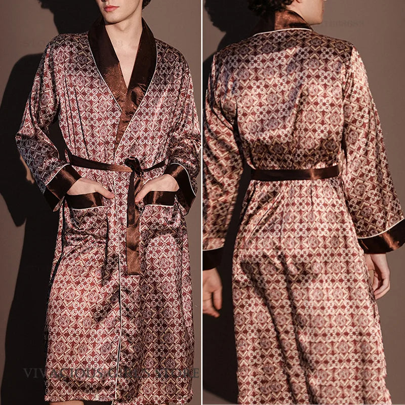 Pajama Men's Robe Kimono Gown Bathrobe with Pockets Print Sleepwear Home Clothing Spring Autumn Satin Nightwear Loose Loungewear