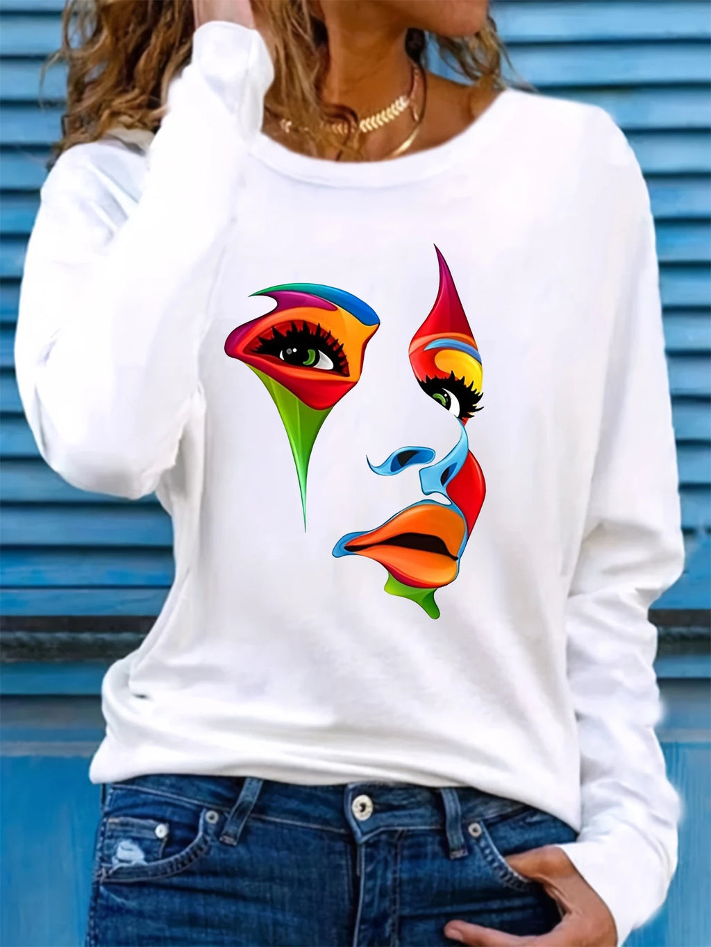 100% pure cotton women's spring and autumn casual fashion long sleeved portrait graphic printed round neck T-shirt
