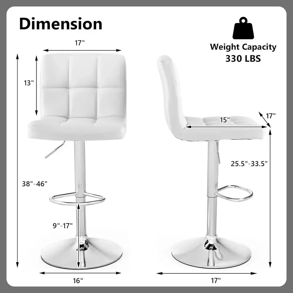 Set of 2 Adjustable Swivel Bar Stools with Backrest and Footrest, White Leatherette, Suitable for Kitchen Island or Home Bar