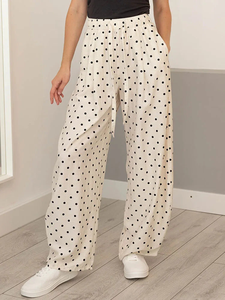Polka Dot Cotton Linen Pants White Women Wide Leg Summer Spring Baggy Trousers For Woman High  Waist Linen Loose Pants Women