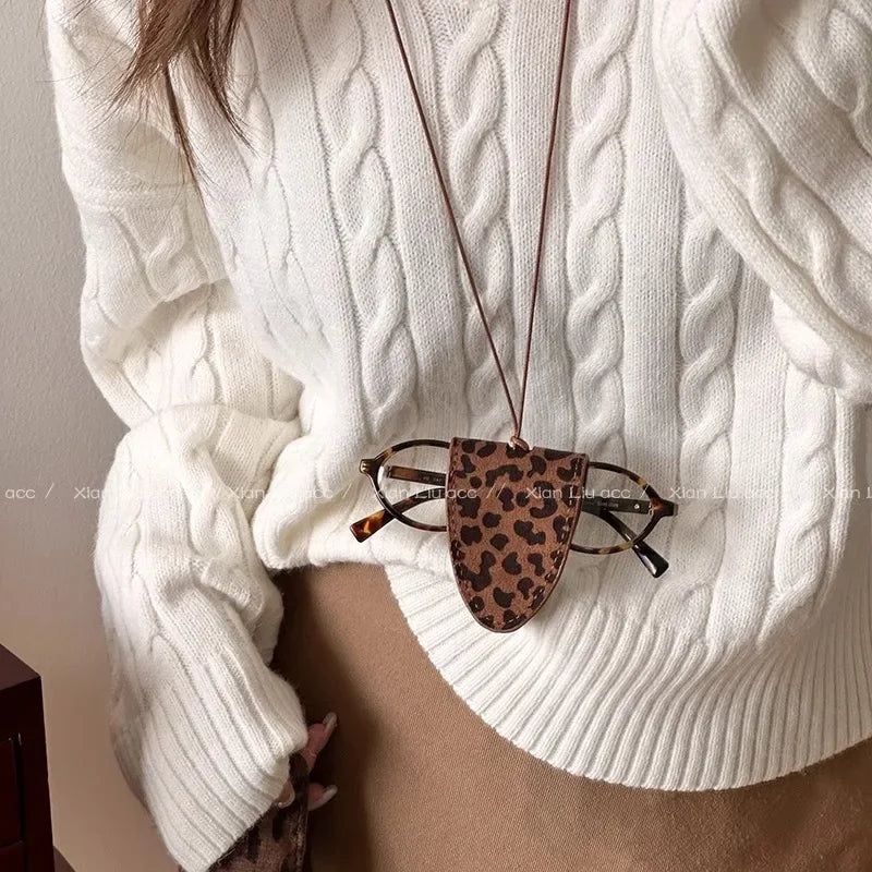 Leopard Print Eyeglasses Storage Bag Durable Hanging Neck Clip Easy Access Protection Simple Pendant Design