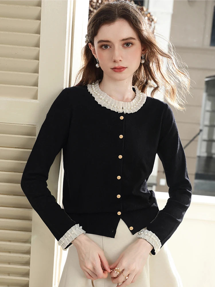 I BELIEVE YOU Women Black Cardigan 2025 Autumn French Beaded Sweater Commuting Round Neck Long-Sleeve Knit Cardigan 2254146099