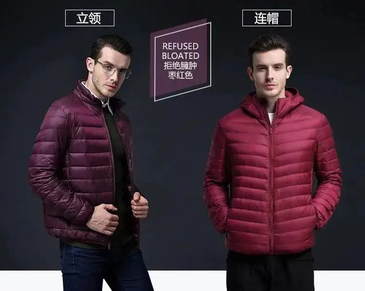 Down Cotton Coat Man 2025 Light Feathered Cotton Jacket Winter Slim Hooded Stand-Up Collar Solid Color Warm Clothing