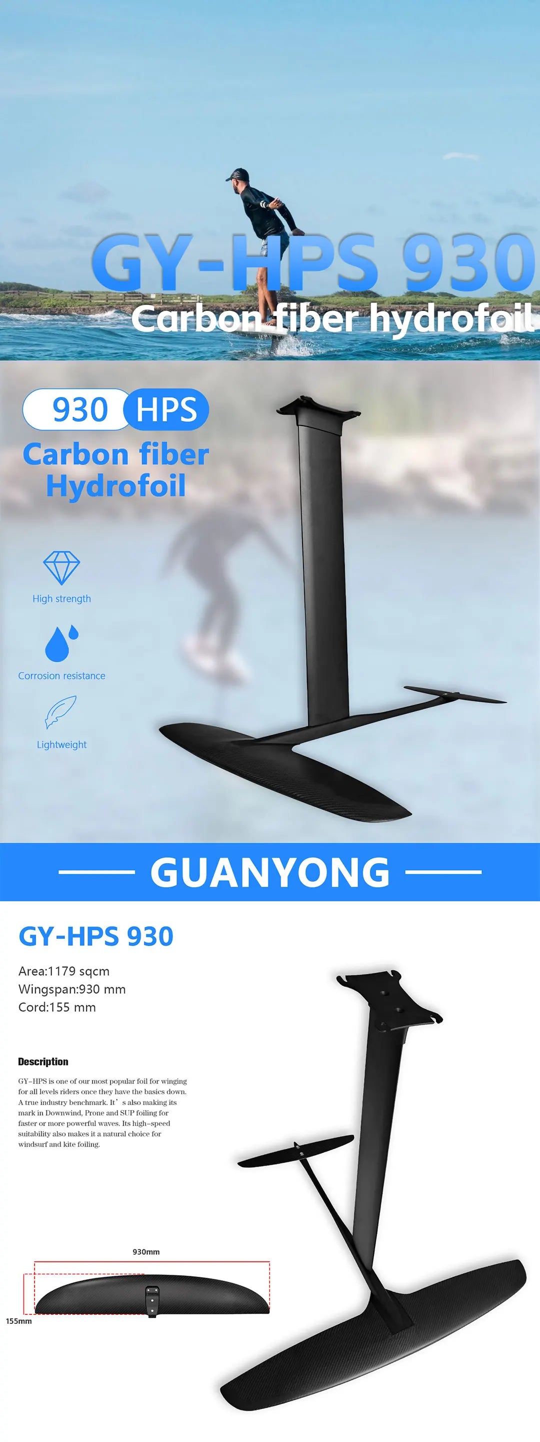 Customizable Carbon Fiber Front Wing, Complete Wind Wing, Outdoor Water Sports Surfing, Factory Price, GY-HPS930, 1179sqcm