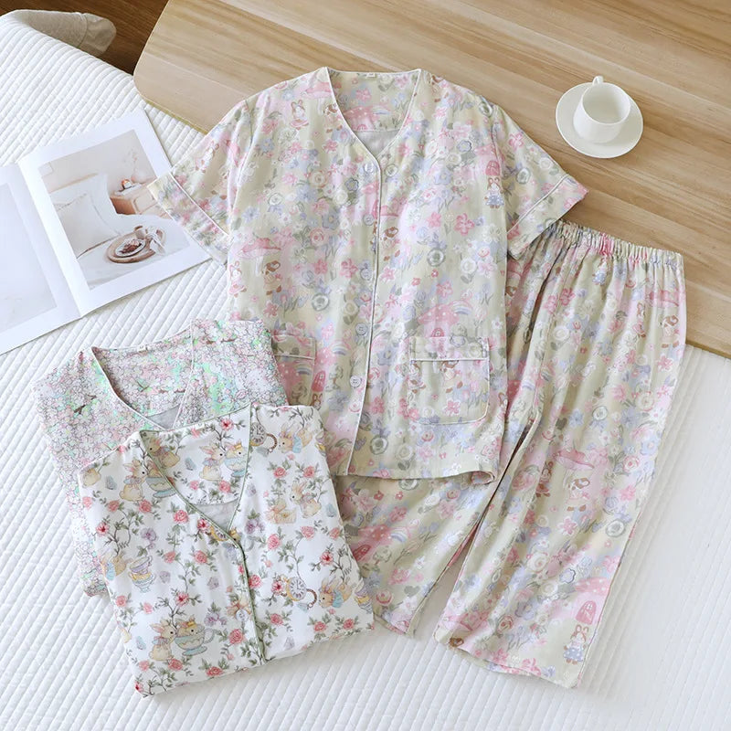2026 Summer Women's Pajama Set 100% Cotton Double layer Gauze with Chest Cushion Short Sleeve+Seven piece Pants Two piece Set
