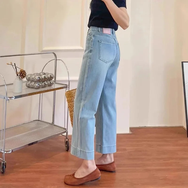 Retro Fashion Solid Color Holiday Denim Straight Pants Women's Summer Large Size High Waist Thin Wide Leg Nine-point Pants
