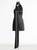 VGH Patchwork Formal Dresses For Women Halter Collar Off Shoulder Sleeveless High Waist Backless Satin Mini Dress Female Style