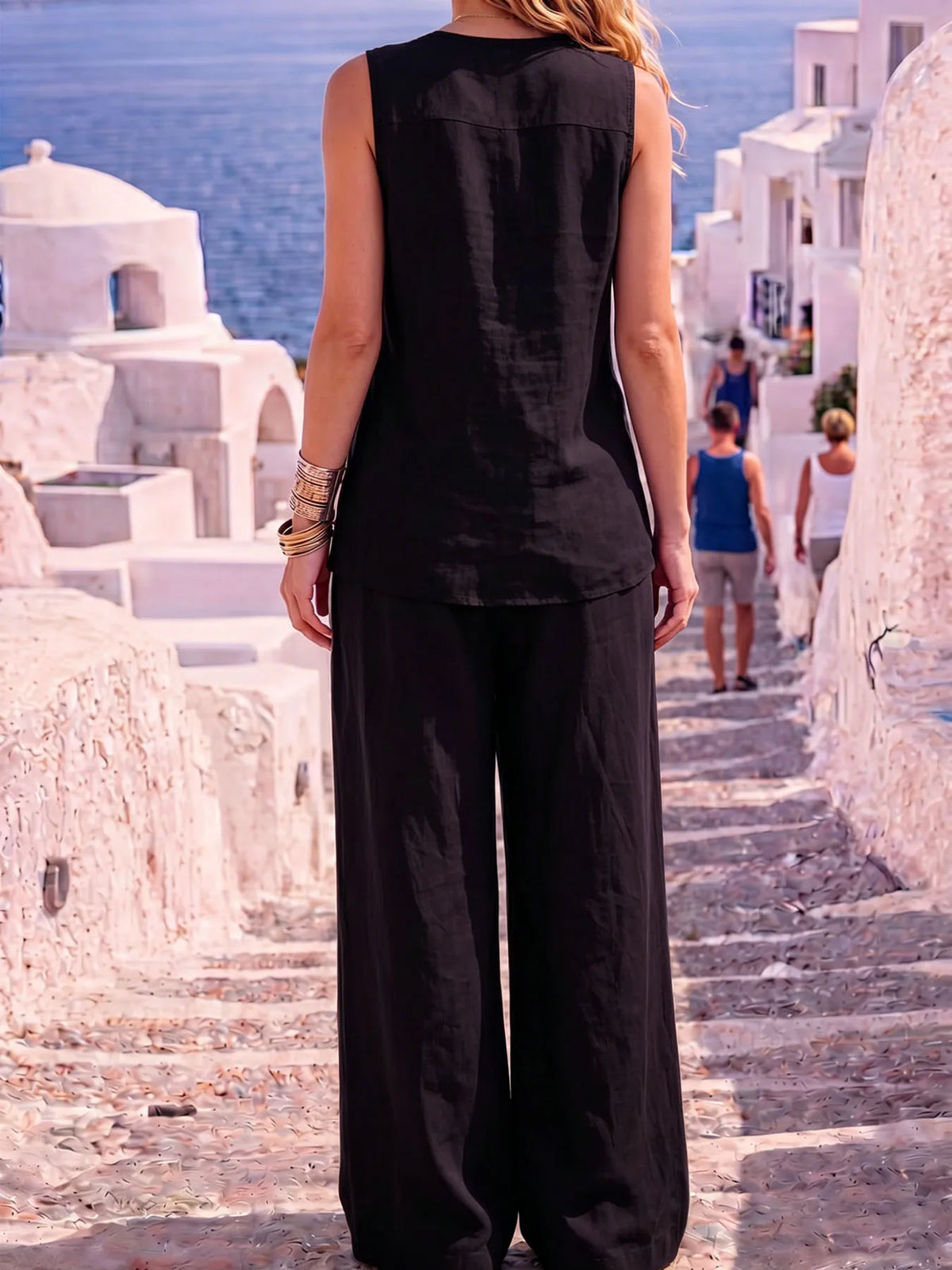 Women's 100% Cotton Casual Two-Piece Set: Sleeveless Tank Top & Wide-Leg Pants – Lightweight, Minimalist, and Stylish