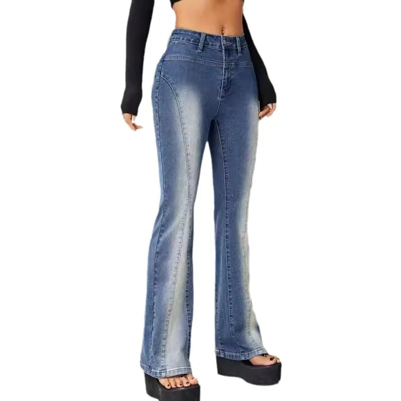Women's Spring and Fall New Stretch Low-rise Denim Micro-flare Pants. European and American Street Style Fashion Slim-fit Jeans
