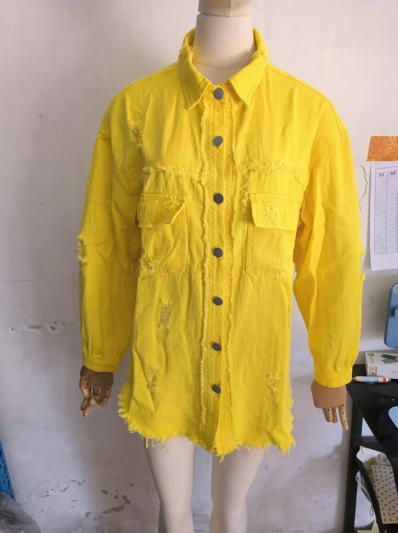 Women's Fashionable Solid Color Mid-Length Ripped Denim Jacket Long-Sleeved Spring Autumn Trend