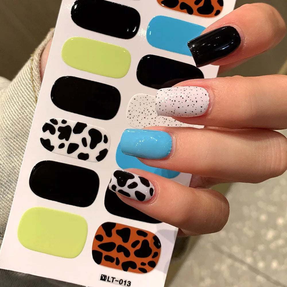 32 Strips Autumn Nail Stickers Semi Cured Full Cover Gel Nail Polish Strips Manicure Leopard Print Nail Patch