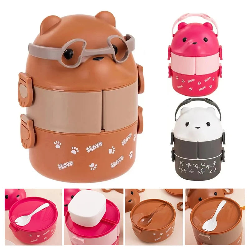 Eyeglass Bear Thermal Bento Box Stackable Bento Box Portable Cute Cartoon Children Lunch Box Double Layer Food Storage Container