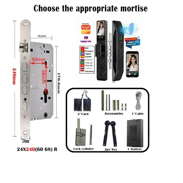 Tuya Wifi App Face Polyglot Electronic Door Lock Fingerprint Recognition Password Smart Digital Lock Key Card 6068 Mortise Lock