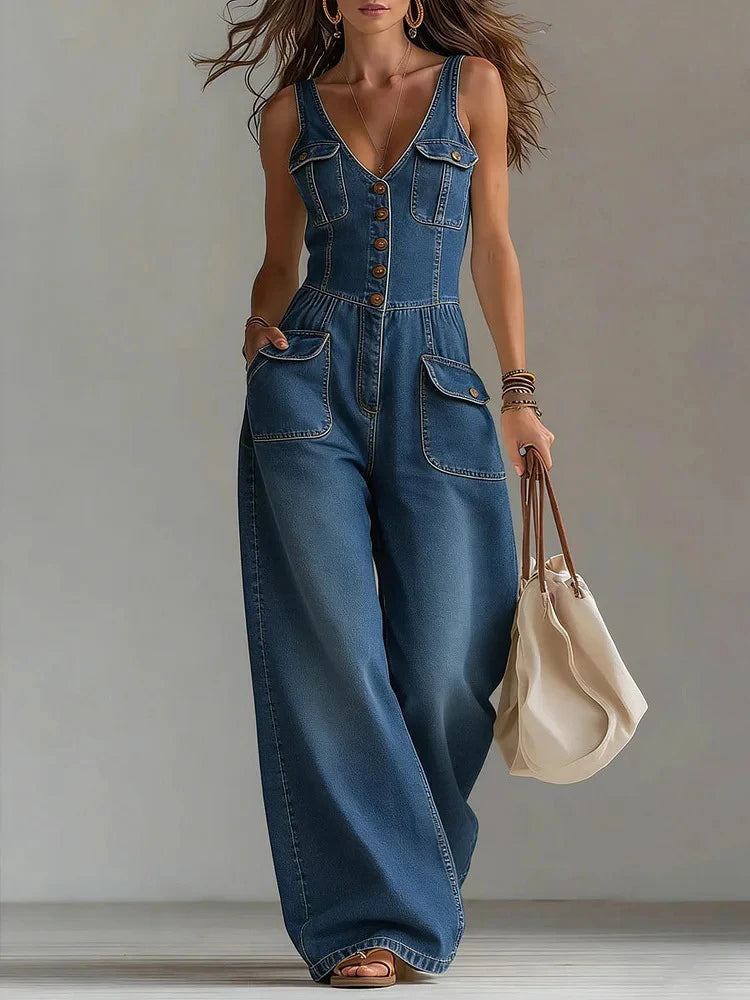 Retro Solid V Neck Camisole Playsuit Summer Streetwear High Waist Denim Jumpsuit Fashion Sleeveless Button Wide Leg Pants Romper