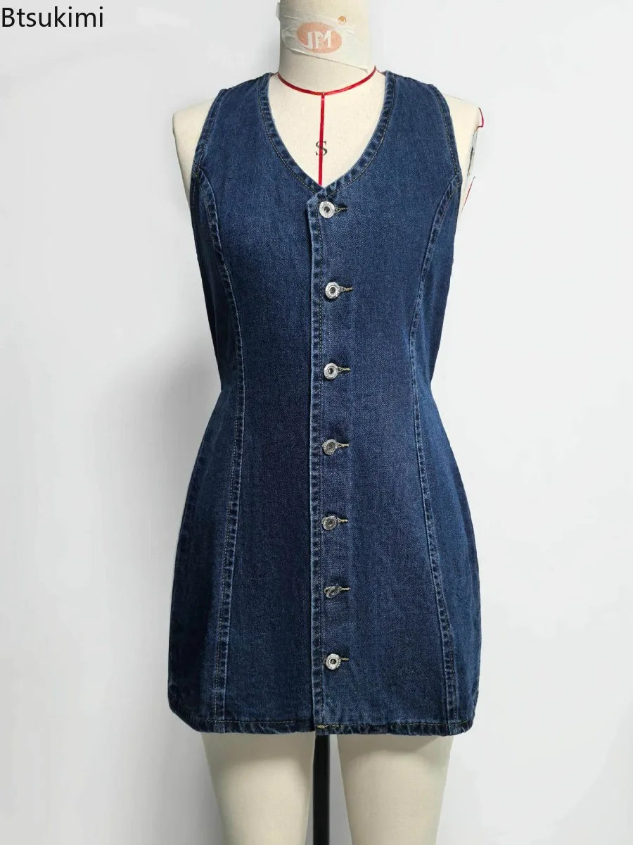 Women's Retro Spicy Girl Design Sleeveless Denim Dress Spring Summer Washed Denim Short Skirt High Waist V-neck Dress for Women
