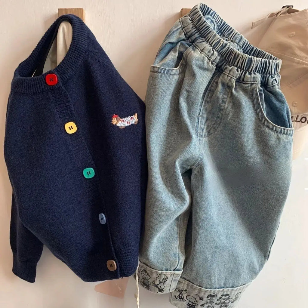 Spring Autumn Baby Boy Wide Jeans Korean Casual Cartoon Outwear Children Boy Denim Pants Loose Elastic Waist Kid Boys Trousers