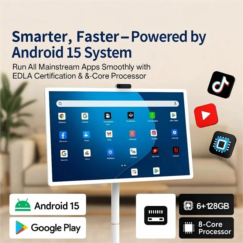 32” Android 15 Floor Stand TV, 6G+128G Smart Screen with Remote Controller, 2K Camera Video Call, Inbuit 148WH Battery Power