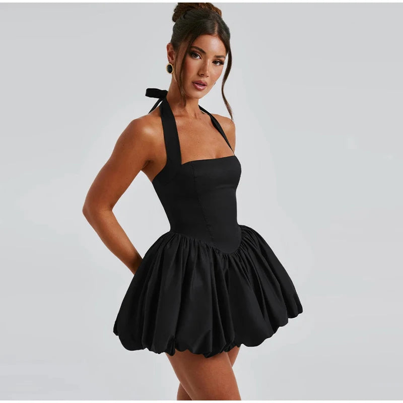 Sexy Halter Pleated Bud Mini Dress Women Sleeveless Tube Top Backless Bandage Solid Party Dresses 2026 Summer Fall Evening Robe