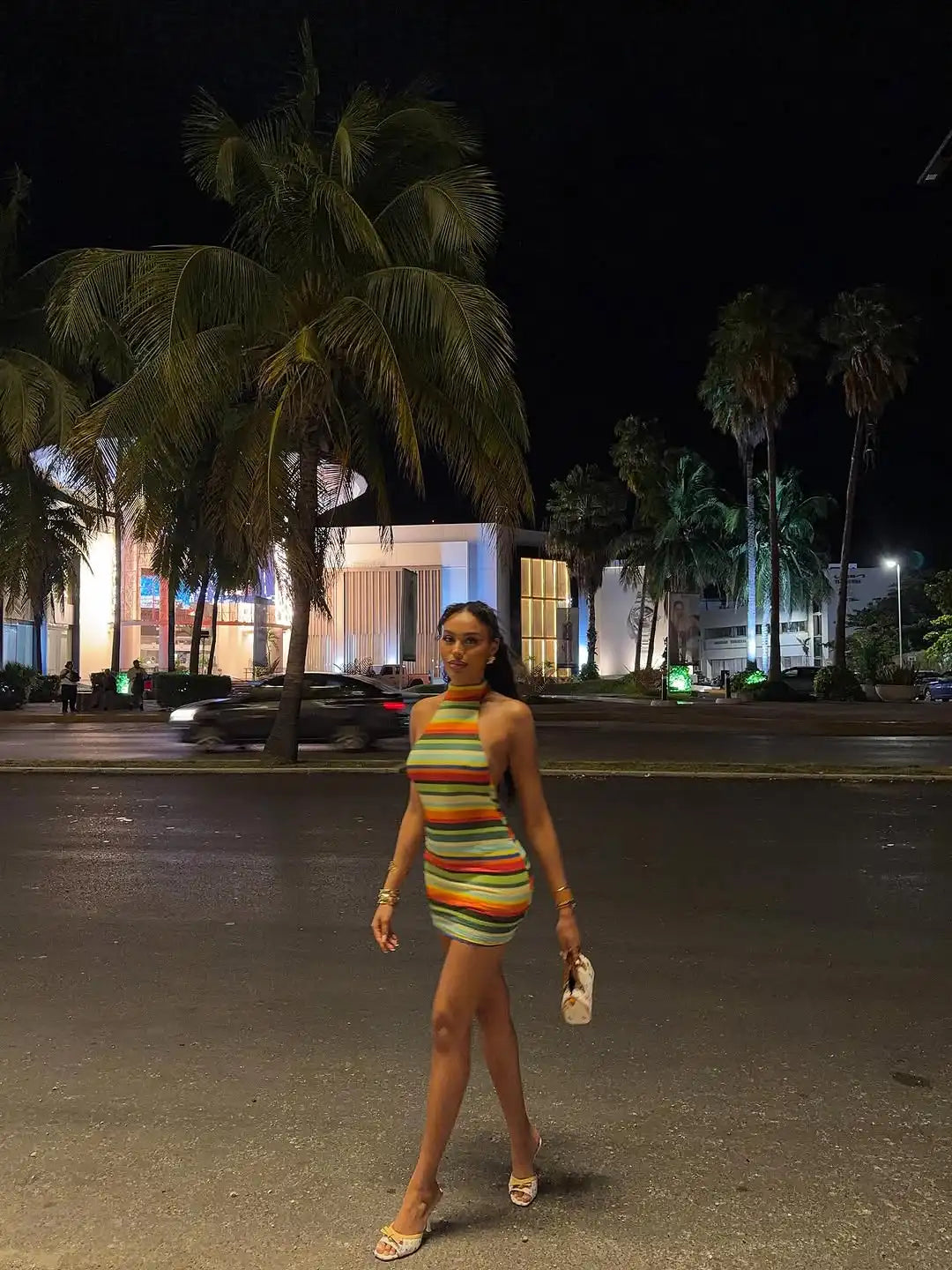 Cryptographic Striped Knit Halter Mini Dress Colorful Contrast Sleeveless Backless Summer Casual Clubwear Bodycon Short Dresses