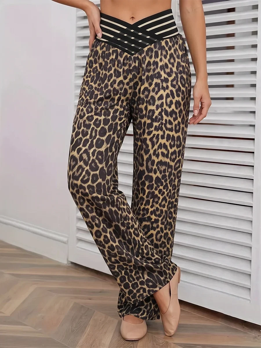 Leopard Print Wide Leg Pants Women Sexy High Waist Elastic Waist Loose Trousers Summer Autumn Casual Streetwear Y2K Vintage