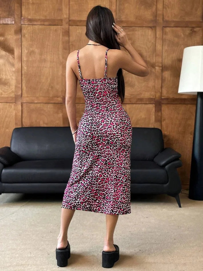 Elegant Women's Sleeveless Spaghetti Strap Long Leopard Print High Slit Backless Ruched Elastic Waist Party Dress for Women