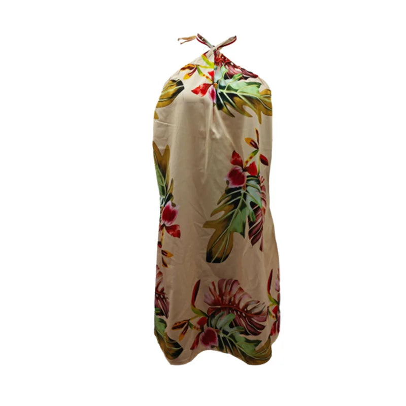 2024 Summer Off The Shoulder Hanging Neck Lace-up Dresses Women Elegant Print Backless Sleeveless Dress Female Casual Short Gown