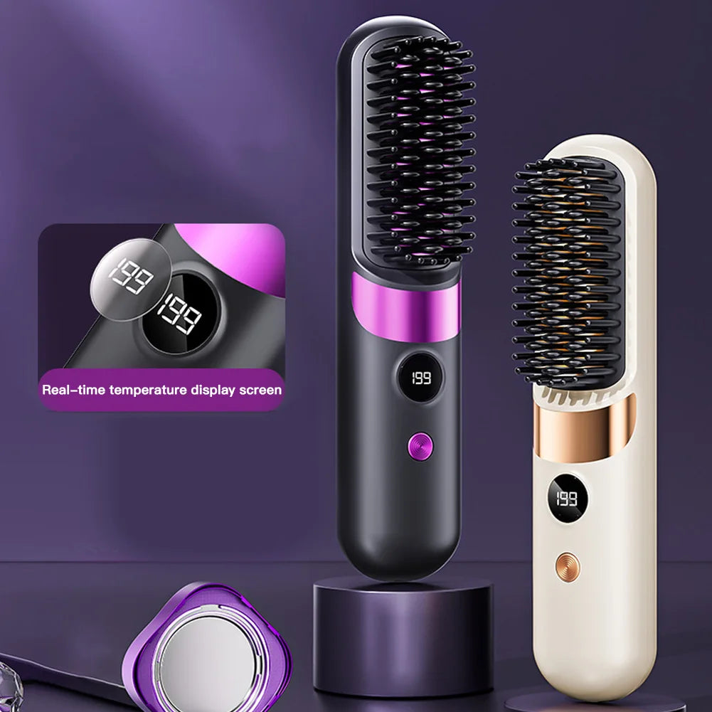 Portable Hair Straightener Cordless Comb with Negative Ion Fast Heating Rechargeable Brush for Straightening and Curling