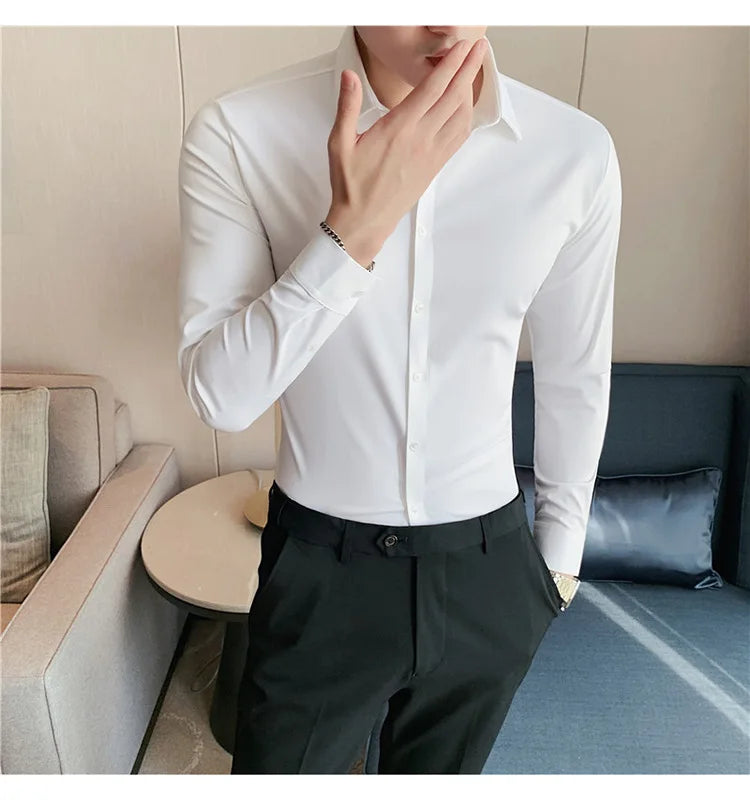 Men's Ultra Stretch Seamless Long Sleeve Shirt Top Quality Business Casual Breathable Stretchable Solid Color Formal Dress Shirt