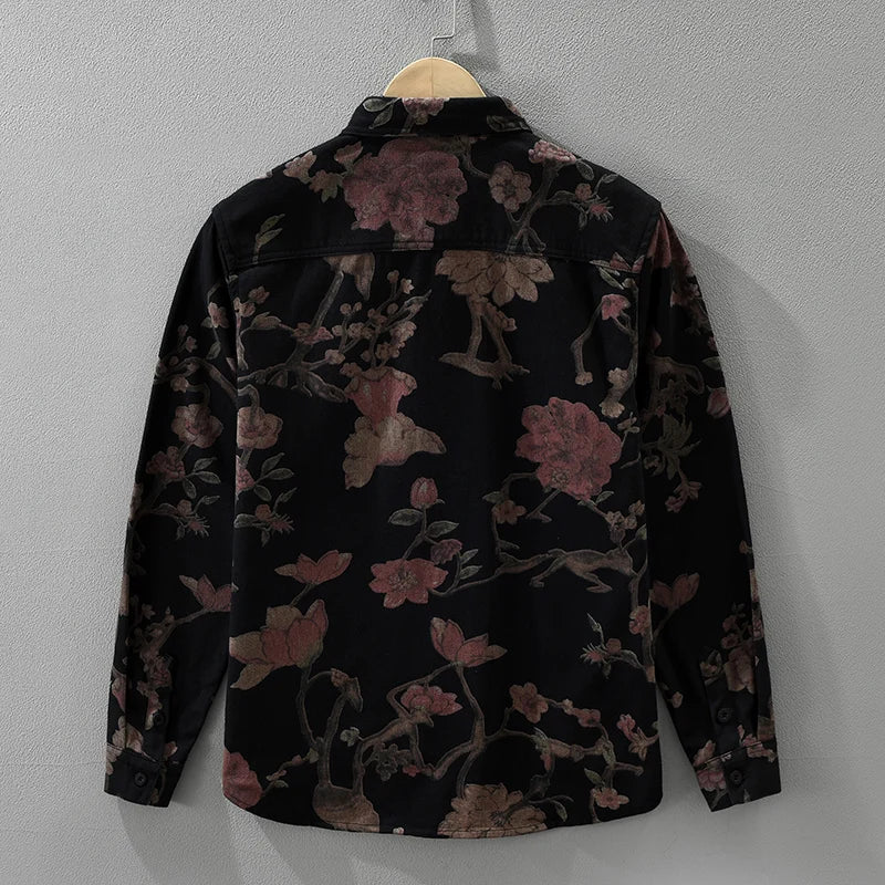 2025 Autumn New Casual Floral Print Shirt for Men Cotton Loose Long Sleeve Rose Denim Shirts Fashion Men's Clothing