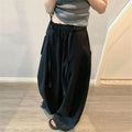 Summer Women Wide Leg Pants Elastic High Waisted Loose Casual Trousers Pockets Drawstring Gray Comfortable All-Match Streetwear