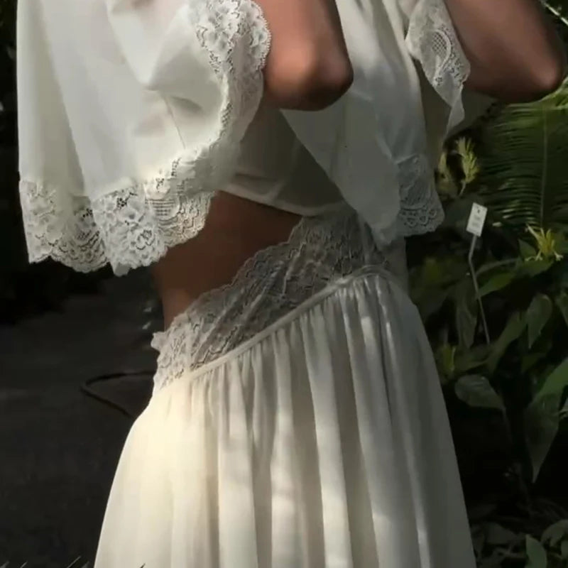 Elegant Short Sleeve Hollow Out Maxi Dresses Fashion Lace Patchwork Women Chiffon Dress 2026 Summer New Lady V Neck Long Robes