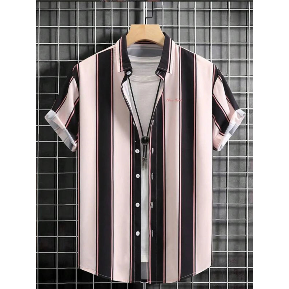 Summer Fashion Striped 3D Print Men's Shirts Basic Graphicsbutton Short Sleeve Lapel Streetwear Hawaiian Blouse Shirts for Men