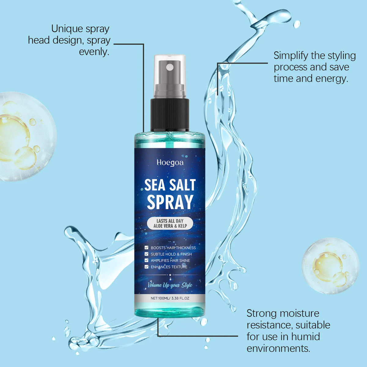 Hoegoa Sea Salt Hair Styling Spray Long Lasting Enhance Curl Moisturizing Lightweight Gentle Ingredient Hair Volume Spray 100ml