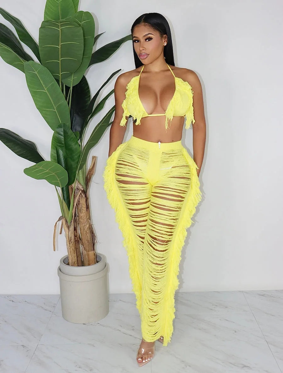 Sexy Women 2025 Knitted Set Two Piece Set Halter Backless Bra Crop Top Pants Crocheted 2 Pieces Set Hollow Out Crochet Beach Set