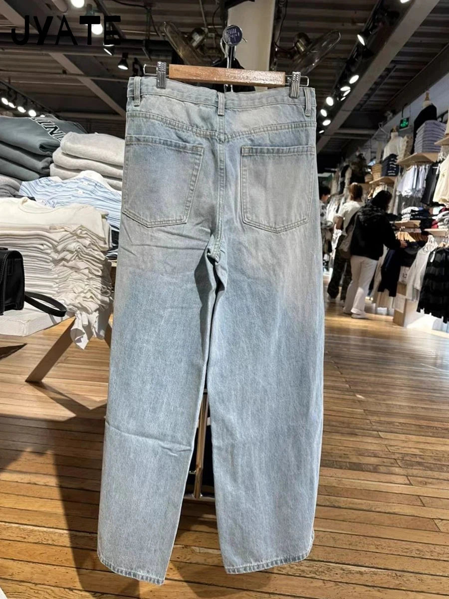 American Vintage Distressed Jeans Women Summer High Waist Pockets Straight Denim Pants Streetwear Loose Retro Baggy Trousers Y2K