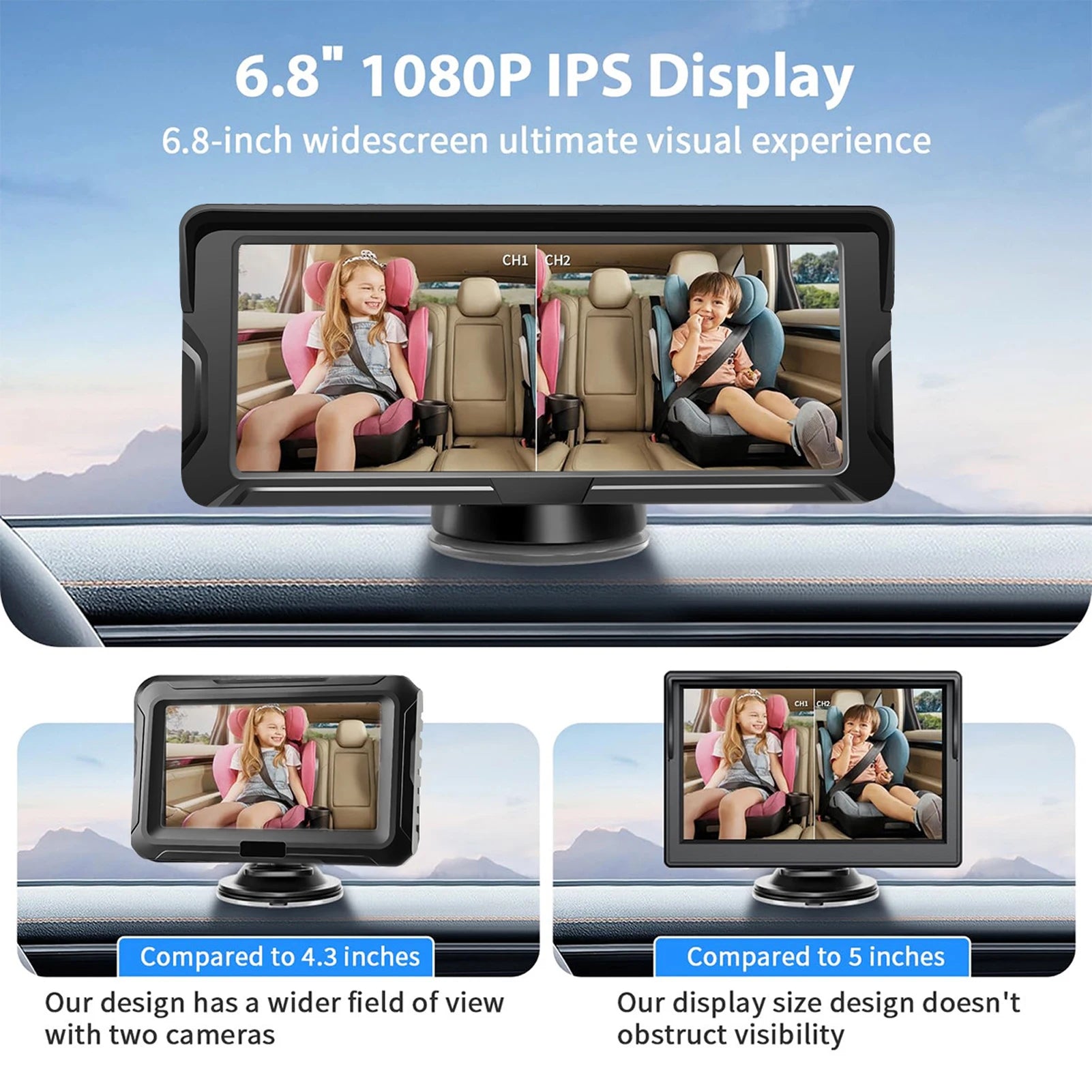 Car Baby Camera Dual Channel 6.8inch 1080P Display with 2 IR Night Vision Camera and 150° Wide View Angle Automotive Baby Camera