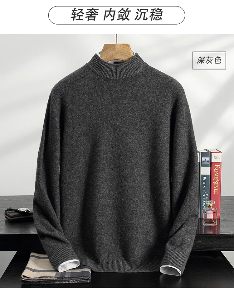 Autumn/Winter Men's 100% Cashmere Pullover Business Casual Solid Knitted Sweater Loose Half High Neck Tops Thick Warm Jumper