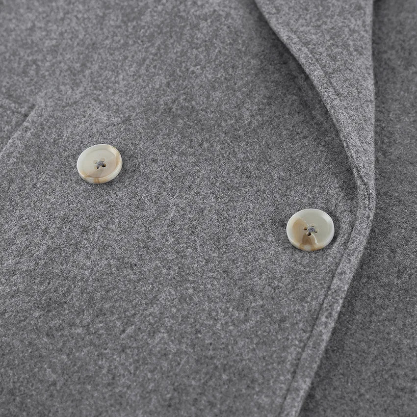 Gray Wool Blend Coat Notched Lapel Double Breasted Long Sleeve Cuff Detail Loose Mid-Length Women Commuter Woolen