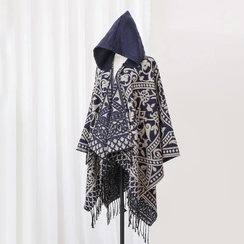2025 New Men's Imitation Wool Cape Shawl Cross-border Hot Selling Hooded Woven Slit Cape Autumn and Winter Poncho Cloak P8
