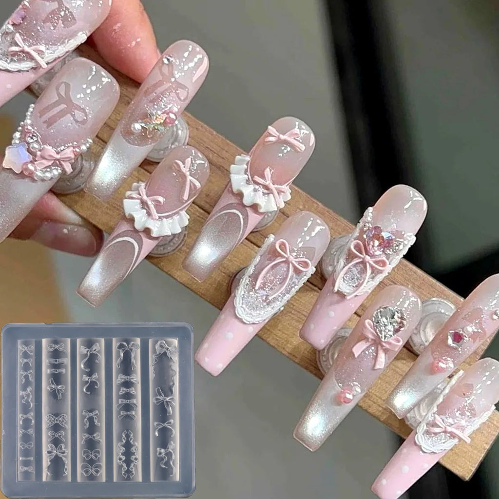 Lace Bowknot Nail Art Mold, French Manicure Silicone Stencil for DIY Nail Decoration, Nail Design Tool, Nail Printing Template
